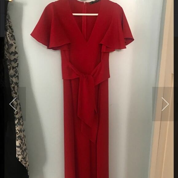 NWOT - ZARA RED JUMPSUIT WITH BOW RUFFLED SLEEVES Size: XS - Picture 4 of 4